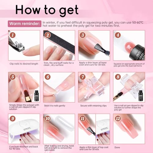 JEWHITENY Poly Extension Gel Nail Kit 14 PCS Poly Gel Kit with Slip Solution and Mini Lamp Nail Art Design Beginner