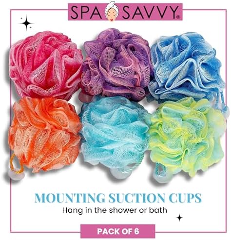 Bath Loofah Set, Pack of 6 Shower Body Sponges with Suction Cups for Men and Women, Exfoliating Pouf Bath Accessories, Multicolor