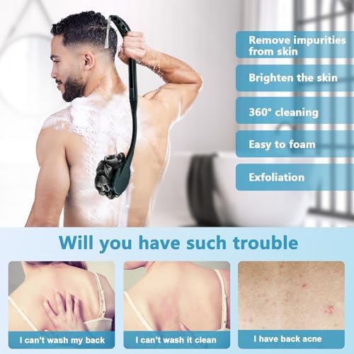 Loofah with Handle, 20.5'' Replaceable Shower Loofah to Improve Skin Health, Body Scrubber, for Women and Men with String for Easy Hanging（Dark Black）