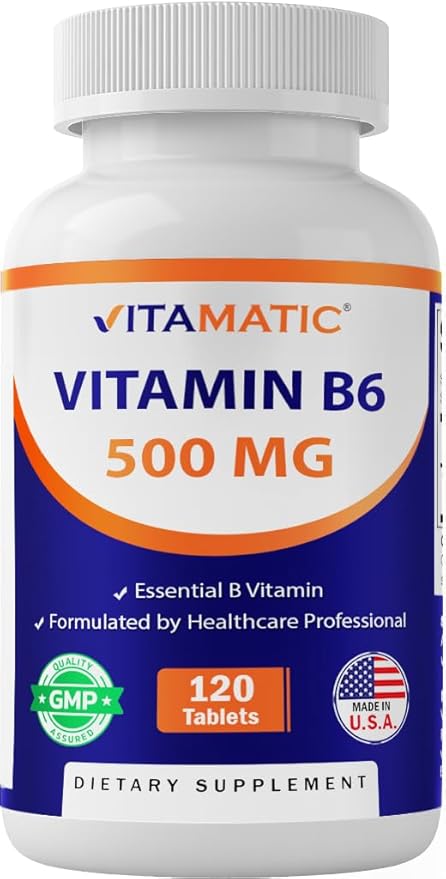 Vitamatic Vitamin B6 (Pyridoxine HCI), 500 mg – 120 Vegetarian Tablets Promotes Energy Production, Boosts Metabolism & Immune Health Support