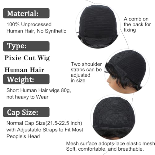 Pixie Cut Wig Human Hair Short Pixie Cut Wigs for Black Women Human Hair Glueless pixie Layered None Lace Front Wig with Bangs Natural Straight Full Machine Made 1B Color