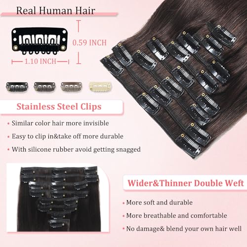 Clip in Hair Extensions Real Human Hair Clip in Extensions for Women Seamless Invisible Dark Brown Natural Remy 100% Human Clips ins Extension 8pcs Double Weft 16 inch 3.2oz/90g