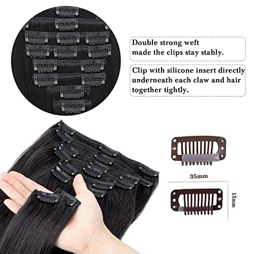 Clip in Hair Extensions Real Human Hair, 8pcs 16 Inch 10A Brazilian Virgin Remy Human Hair Clip in Extensions for Women Double Weft Invisible Seamless Human Hair Extensions Clip ins 65g Natural Black