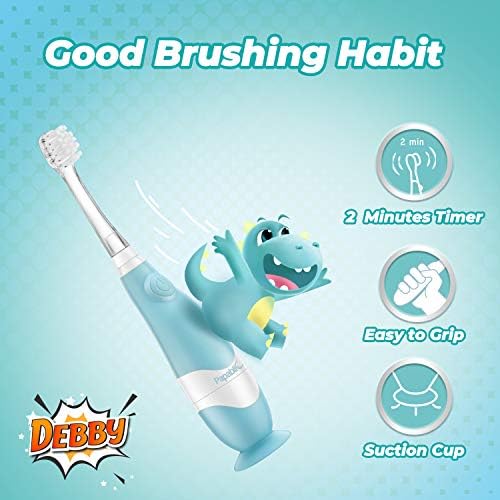 Papablic Toddler Sonic Electric Toothbrush Kids for Ages 1-3 Years, Baby Electric Toothbrush with Cute Dino Cover and Smart LED Timer, 4 Brush Heads (Debby)