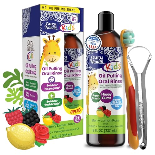 GuruNanda Kids Oil Pulling, Alcohol-Free Mouthwash, Essential Oils & Vitamins for Fresh Breath & Happy Gums for Ages 6 & up, Natural Berry Lemon Rose, 8 Oz