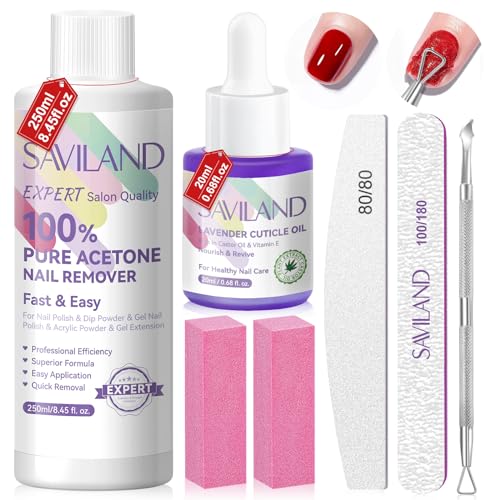 SAVILAND 100% Acetone Nail Polish Remover Kit: Ultra-Powerful Gel Remover with Cuticle Oil Rich in Castor Oil & VE for Repairing Nail, Nail File Buffer Tools for Dip Acrylic Remove Home Salon 8.45 Oz