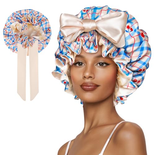 Cute Adjustable Silk Bonnet for Sleeping Double Layer Satin Cap Hair Sleep Bonnet for Curly Hair Cherry Blue