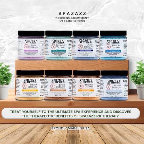 Spazazz RX Therapy Hot Tub Spa and Bath Aromatherapy Salt Crystals 4oz 8 Pack Sample Bundle Includes Muscle - Joint - Detox - Stress - Respiratory - Sport -Sleep - Energy. Great for Muscles & Joints