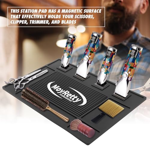 MoyRetty Magnetic Barber Organizer Mat for Clippers(17.7'' x 11.8''), Professional Anti-Slip Heat-Resistant Silicone Pad for Hair Stylist Supplies- 4 Magnets