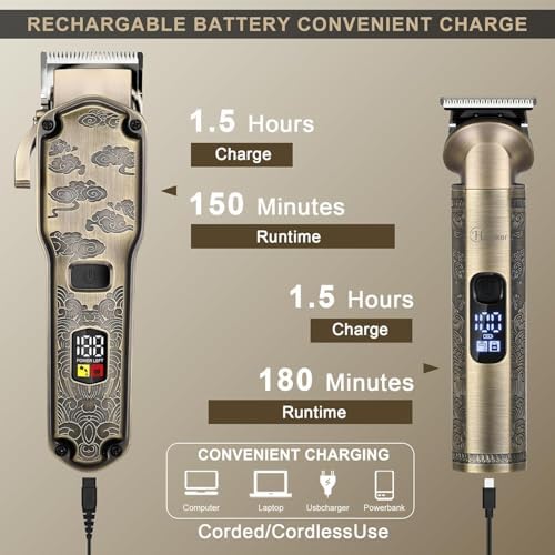 Hatteker Professional Hair Clippers for Men Beard Trimmer Clippers and Trimmer Set Waterproof T-Blade Trimmer Cordless Grooming Kit Nose Body Hair Trimmer Barber Clippers Hair Cutting Kit