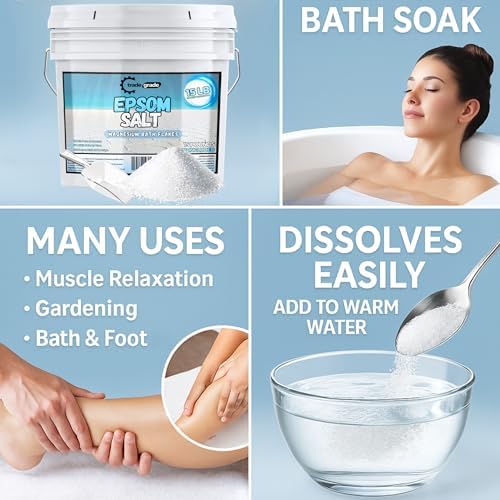 Epsom Salt Bath Soak 15 lb Bucket – Unscented, Pure Epsom Salt Bulk Crystals, Magnesium Sulfate for Full Body or Foot Soaks, Resealable Container with Scoop for Home Bath Use