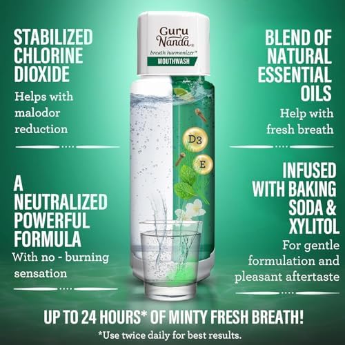 GuruNanda Dual Barrel Breath Harmonizer Mouthwash - Freshens Breath - Alcohol & Fluoride Free with Sodium Chlorite & Essential Oils - Wild Mint Flavor, 20 Fl Oz