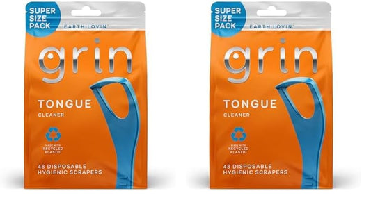 GRIN Tongue Cleaner, 48 Count, Disposable Tongue Cleaner, Hygienic Scraper, Recycled Plastic, Clean Tongue, Promote Fresh Breath, Includes Safe Fold- Back Tooth Pick (Pack of 2)