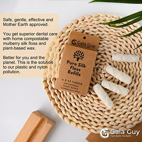Gaia Guy Silk Dental Floss Refill | Unflavored Natural Silk | 4 spools x 33yds | Compostable, Sustainable & Biodegradable Silk Flossing Thread & Eco-Friendly Packaging