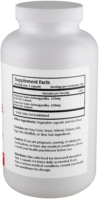 Nano Ashwagandha Root & Leaf 500 mg Veggie Capsules (120 Servings), 10:1 Extract, Supports Hormone & Neurological Function for Stress Relief, Non-GMO, Vegan, Gluten-Free