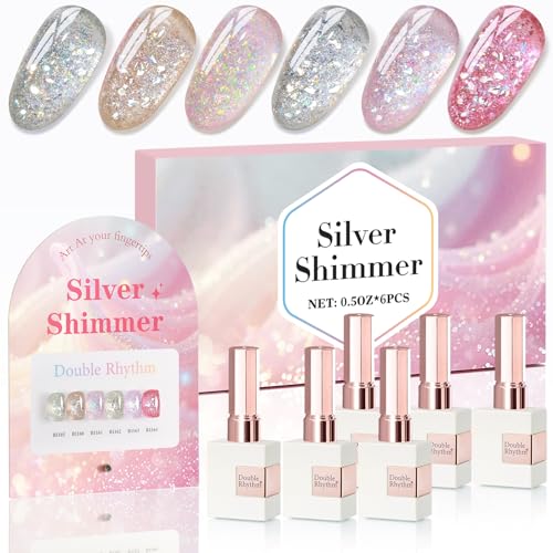 Double Rhythm 0.5 Oz Glitter Gel Polish Set of 6 Color with Display Board 15 ml Full Size Kit Shimmer Reflective Sparkle Soak Off Manicure Salon DIY at Home (Gold Silver Light Pink Rose-T6-35)