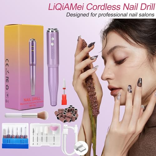 Nail Drill and Dremel - 14-in-1 Portable USB-Powered Nail Care Set with 20000RPM Speed for Gel, Dip Powder, Manicure, Pedicure, Shaping & Polishing, in Elegant Purple