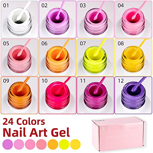 SXC Cosmetics 24-Color Gel Liner Set for Nail Art - With Built-in Thin Brush for Swirl Nail Designs and Soak-Off Gel Polish