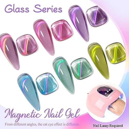MEET ACROSS Glass Cat Eye Gel Polish Set, Colorful Magnetic Nail Polish with Magnet, Transparent Nail Polish, Soak Off UV Cateye Gel Polish Kit for Home DIY Manicure Varnish Art Design