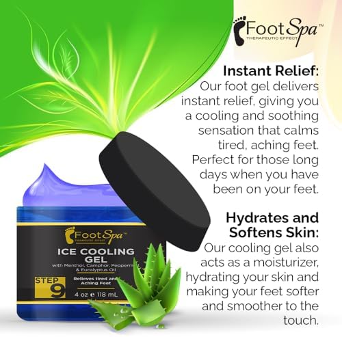 Foot SPA - Massage Cooling Gel for Pedicure Treatment with Menthol, Camphor, Peppermint and Eucalyptus Oil, Professional Strength Foot and Leg Ice Cooling Gel Therapy, Relives Tired Aching Feet, 4 oz