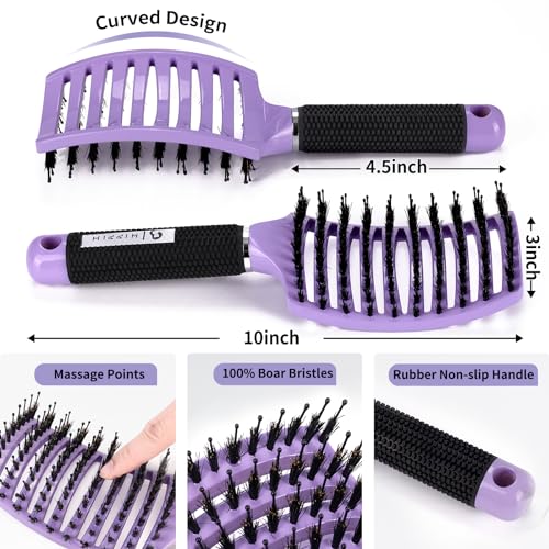 Boar Bristle Hair Brush Set of 2, HIPPIH Wet & Dry Hair Brushes Made by Fine Natural Boar Hair Can Adds Shine and Smoothing, Detangling Hairbrush for Women, Men & Kids' Long Curly Thick Hair