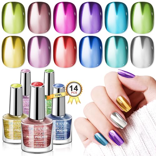 SAVILAND Metallic Nail Polish Set: 12 Colors Mirror Chrome Glitter Nail Polish 0.34oz Holographic Red Silver Pink Nail Polish Quick-Dry Base Top Polish Coat for Fingernail Toenail French Manicure Art