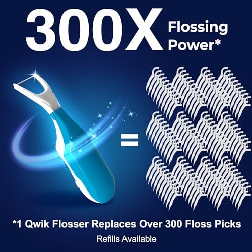 QWIK Automatic Dental Flosser | Click-to-Use, Reusable & Refillable | Pre-Loaded Floss with Travel Cover | Easy Flossing for Plaque Removal, Clean Teeth & Fresh Breath (Dark Blue)