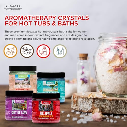 Spazazz Hot Tub Aromatherapy Destination Collection Bath Salt Crystals Four- 4oz Pack - Aloha Paradise, Big Apple, City of Love, Cherry Blossom - Bath Salts Perfect for Hot Tubs, Baths, and Foot Soaks