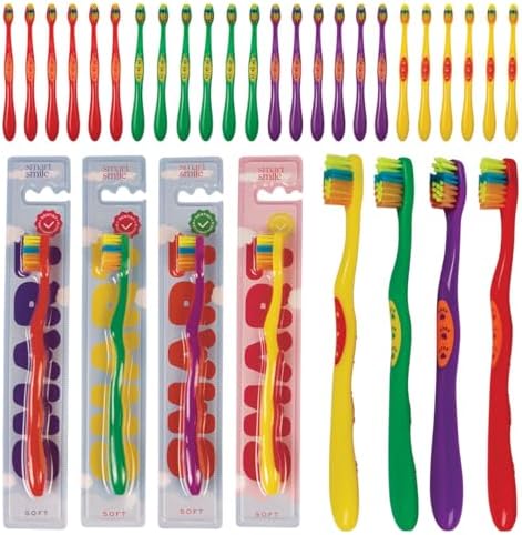 SmartSmile 72 Pcs Bulk Kids Toothbrushes Individually Wrapped - Assorted Colors with Animal Paw Prints - Popular Dental Office Patient 21-542