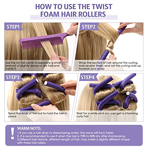 Syhood 30 Pieces Flexible Curling Rods Twist Hair Rollers Soft Foam Rods No Heat and 1 Pcs Steel Rat Tail Comb for Women Long and Short Hair(7 x 0.8 Inch,Purple)