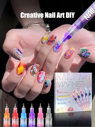 Fine Tips 3D Nail Art Pens, 12 Colors 0.5 MM Nail Marker Pens Nail Point Graffiti Dotting Drawing Painting Liner Pen for Home Salon Quickly Dry Nail Art