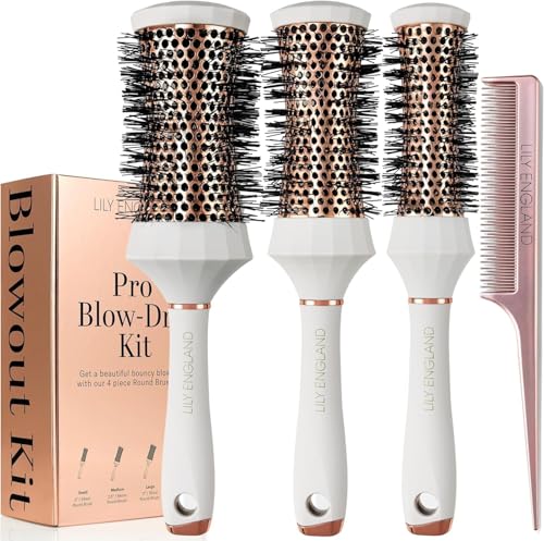 Lily England Round Hair Brush Set, 4 Piece Professional Blow Dry Kit with 3 Round Brushes and Comb for Styling, Beauty Gifts Sets for Women (White)