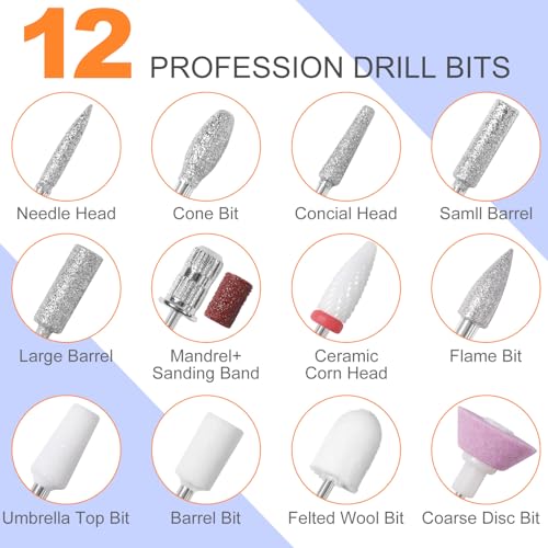 MEKK Nail Drill,35000RPM Cordless Nail Drill Professional Electric Nail File with 12PCS Bits,Anti-Shaking Rechargeable E File Kit for Acrylic Nails,Home & Salon(Orange Blue)
