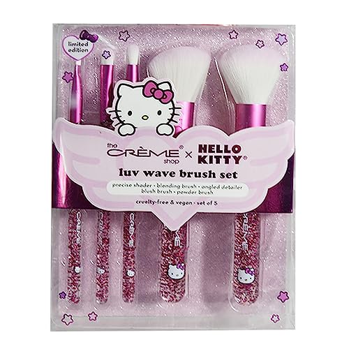 The Creme Shop Hello Kitty Luv Wave Brush Collection - Versatile & Silky-Soft Makeup Brushes - Precise Shader, Blending Brush, Angled Detailer, Blush Brush, Powder Brush - Durable & Easy to Wash - Set