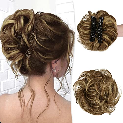 RUWISS Claw Clip Messy Bun Hair Piece Real Human Hair Buns Wavy Curly Chignon Hair Bun Extensions Tousled Updo Hair Buns Claw Clip Ponytail Hairpieces - Brown with Blonde Highlights