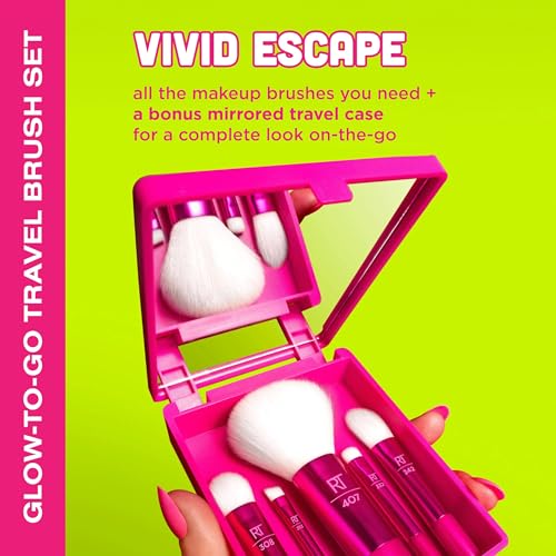 Real Techniques Vivid Escape Glow-To-Go Travel Makeup Brush 6 Piece Set, Mini Size Makeup Brushes For Eyeshadow, Concealer, Contour, & Blush, Includes Mirror Cosmetic Case, Cruelty-Free & Vegan