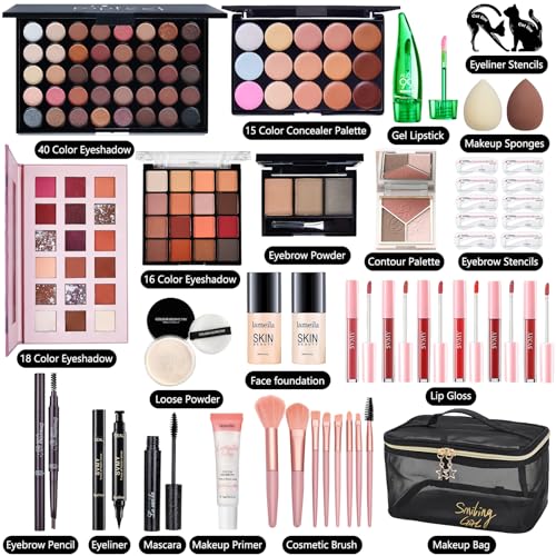 All in One Makeup Kit for Women Full Kit, Make Up Gift Set for Women, Makeup Essential Bundle Includes Foundation Face Primer Eyeshadow Contour Palette Lipstick Eyeliner Mascara Cosmetic Brush Set