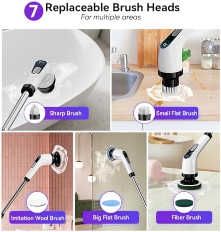 Powerful Electric Spin Scrubber Cordless — 3000mAh Cordless Bathroom Scrubber with 2 Speeds + 7 Brush Heads + 1 Wall Hanger + 3 Crevice Tools — Bathroom Cleaning Brush. Electric Shower Scrubber