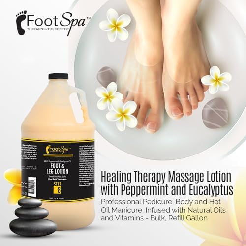 Foot SPA - Healing Therapy Massage Lotion,128 Oz - with Peppermint and Eucalyptus - Professional Pedicure, Body and Hot Oil Manicure, Infused with Natural Oils and Vitamins - Bulk, Refill Gallon