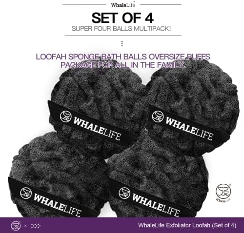 Loofah Sponge Bath Sponge for Women Men 4 Pack (Black Rough Surface)
