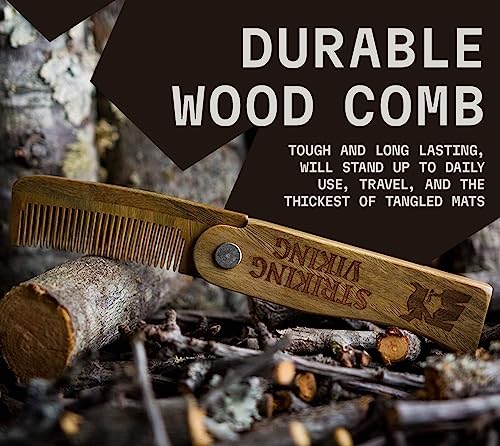 Striking Viking Folding Wooden Comb for Men - Sandalwood Switchblade Beard Comb for Grooming and Styling - Use Dry or With Oils & Balms