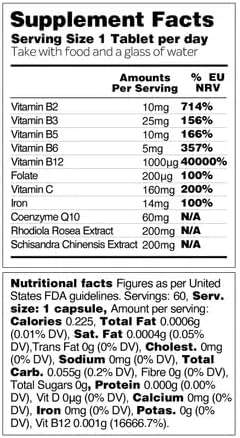 Active Energy Supplements – Fatigue-Fighting C & B Vitamin Supplements – Vitamin Supplement w/Folate, Iron & Adaptogenic Herbs – Caffeine-Free Multivitamin Capsules (60 Counts)