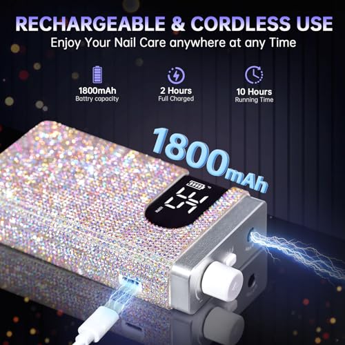Rechargeable 35000RPM Nail Drill Sparkling Portable Professional Electric Nail File with 12 Drill Bit for Acrylic/Gel Nails Professional Nail Tools for Manicure Pedicure, Glitter