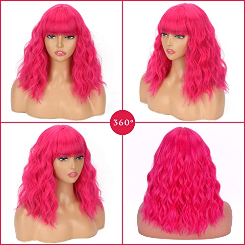Short Pink Wigs for Women Short Wavy Hot Pink Wigs with Bangs Synthetic Curly Bob Wig Curly Shoulder Length Cosplay Wig for Women Girls