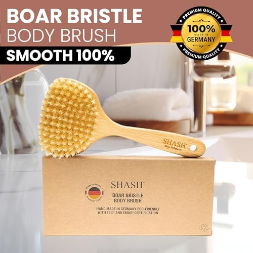 Since 1869 Hand Made in Germany - Smooth 100% Boar Bristle Body Brush, Gently Exfoliates Skin for a Softer, Smoother Complexion, Dry Brush Body Scrubber Promotes Circulation for a Healthy Glow
