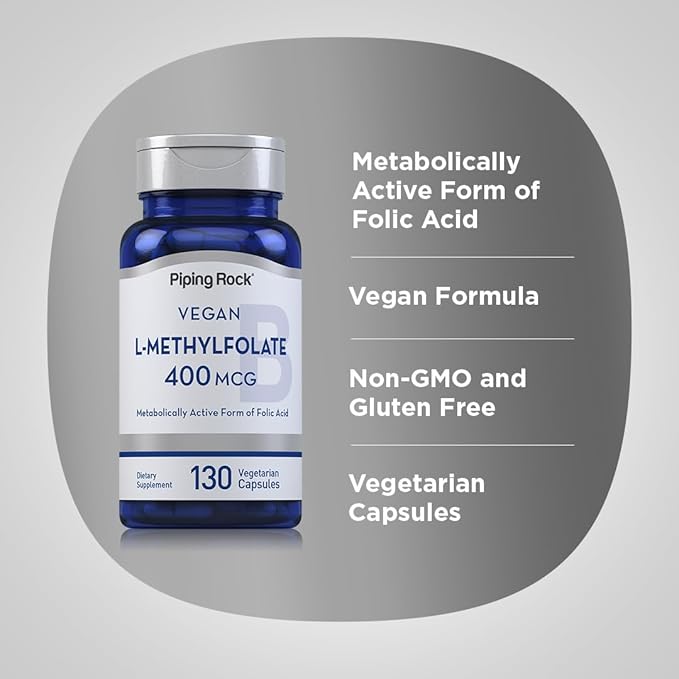 Piping Rock L MethylFolate Supplement | 400 mcg | 130 Capsules | Vegetarian, Vegan | Non-GMO, Gluten Free