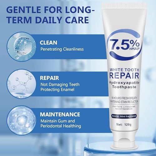 7.5% Hydroxyapatite Toothpaste, Enamel Repair Protection, Tooth Strengthening Whitening Nano Hydroxyapatite, Fluoride-Free Safe for Sensitive Teeth, Natural Peppermint Fresh Breath & Antiplaque 3pcs