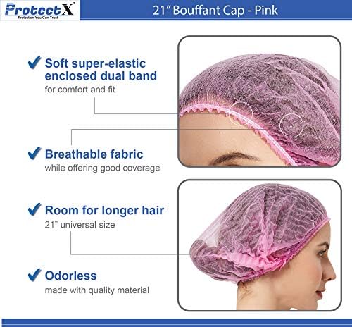 ProtectX 100-Pack Pink Disposable Hair Nets, Elastic Head Cover, Bouffant Caps, Sanitation Head Cover for Food Service, Spa Men & Women - 21 inch