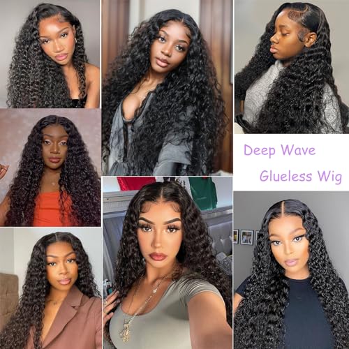Glueless Wigs Human Hair Pre Plucked Pre Cut 5x5 Hd Lace Closure Wear and Go Deep Wave Curly Lace Front Wigs for Black Women Wet and Wavy Natural Hairline (22 Inch)