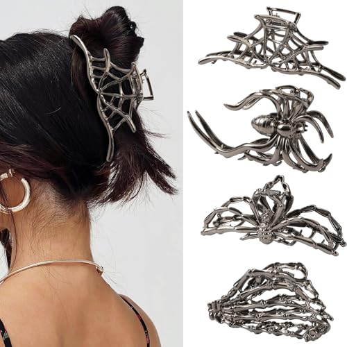 4 PCS Spider Metal Claw Clips, Gothic Hair Claw Clips for Women Girls, Non-Slip Hair Claws for Thick Thin Hair, Spider Web Skeleton Hand Skull Medium Hair Accessories for Women Halloween Party (Black)